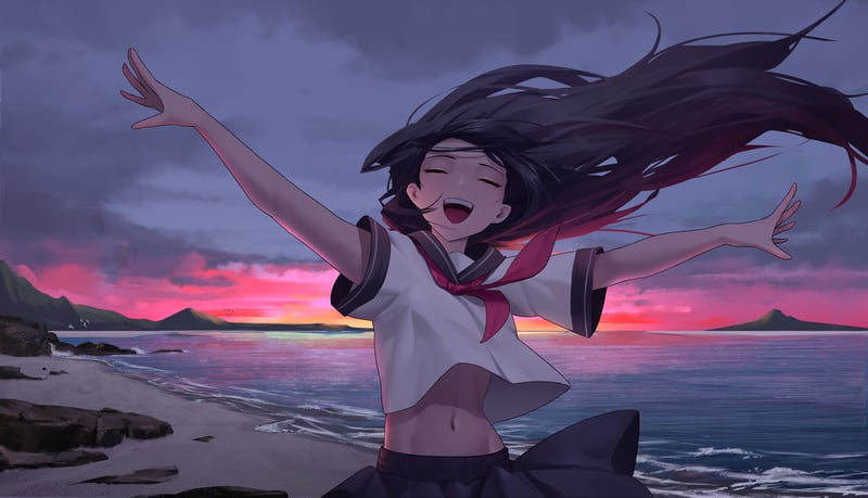 Anime girl with open arms on a beach at sunset