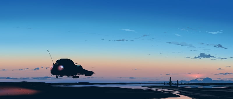 Silhouette of a spaceship flying over a body of water at sunset