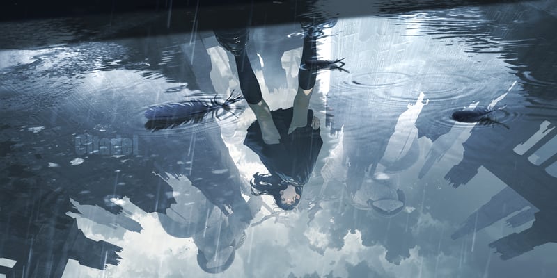 Anime girl reflected in water during rain