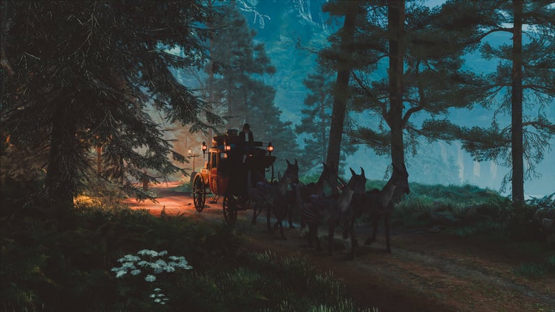 Hogwarts Legacy carriage pulled by horses through a forest