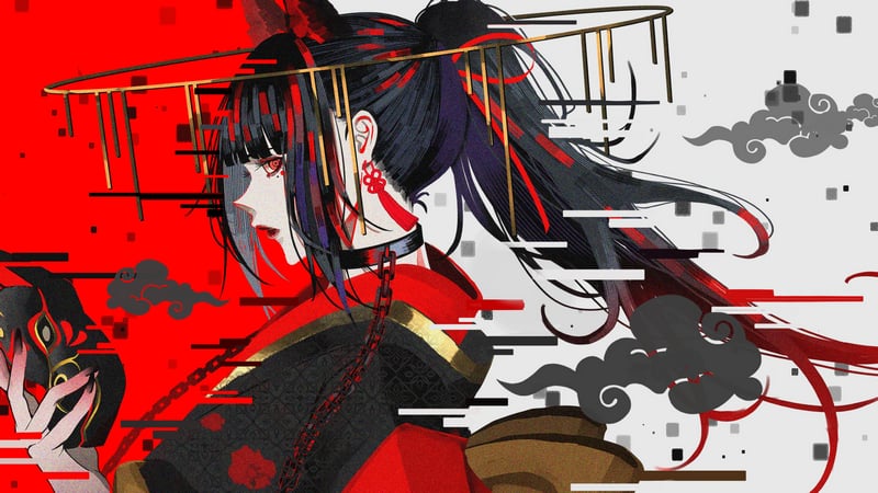 Anime girl with black hair in a red kimono