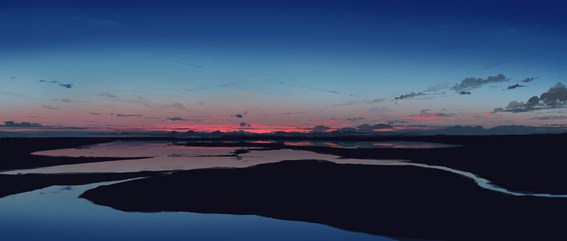 Sunset over a calm body of water with reflections