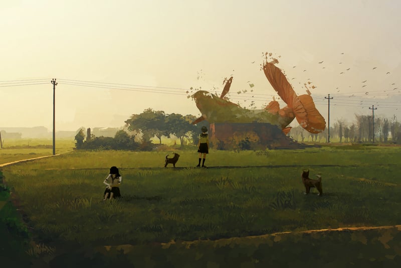 Scenery with schoolgirl and dogs in a field