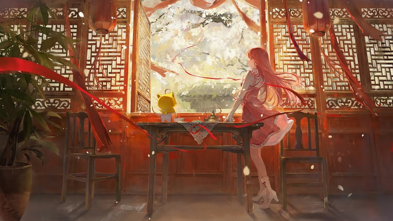Anime girl with long pink hair by a window