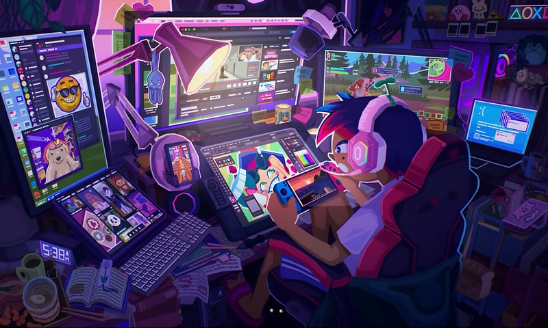 Handheld console gamer in a colorful gaming room