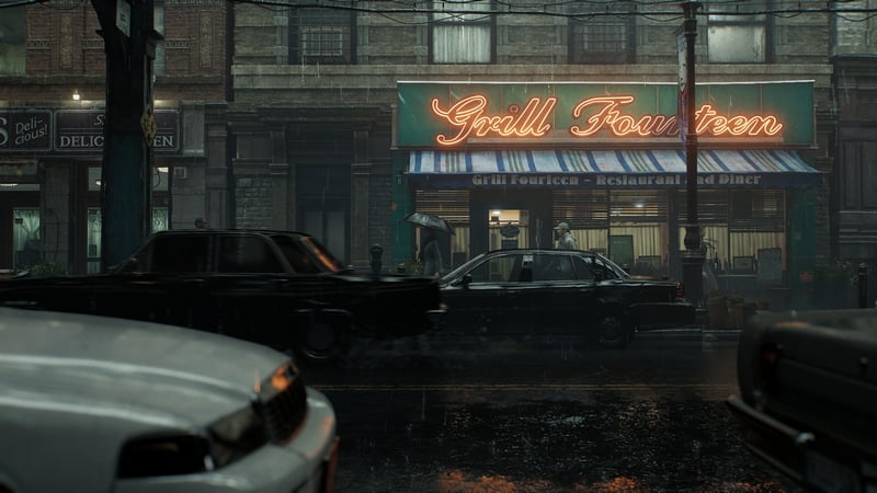 Resident Evil street scene with cars and store front