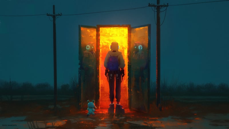 Creature and person stand before a glowing doorway