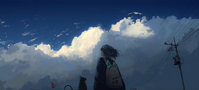 Anime girl with cat and backpack under clouds