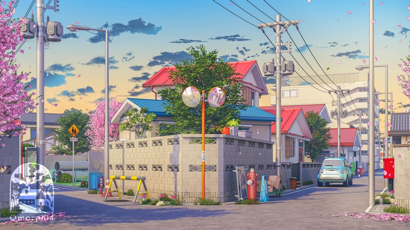 Japanese street with houses and cherry blossoms at sunset