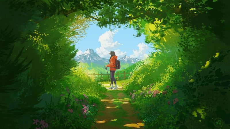Woman hiking on a path towards mountains