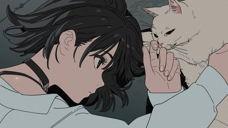Anime girl with black hair and a white cat