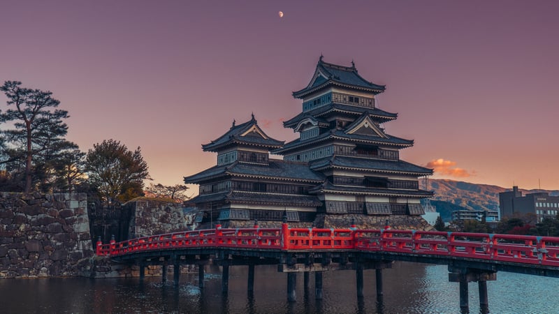 Matsumoto Castle with Red Bridge at Dusk