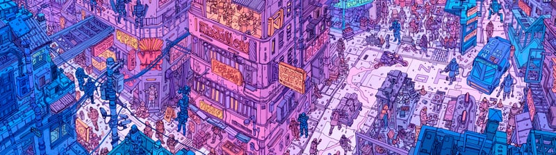 Josan Gonzalez futuristic cityscape with robots and people