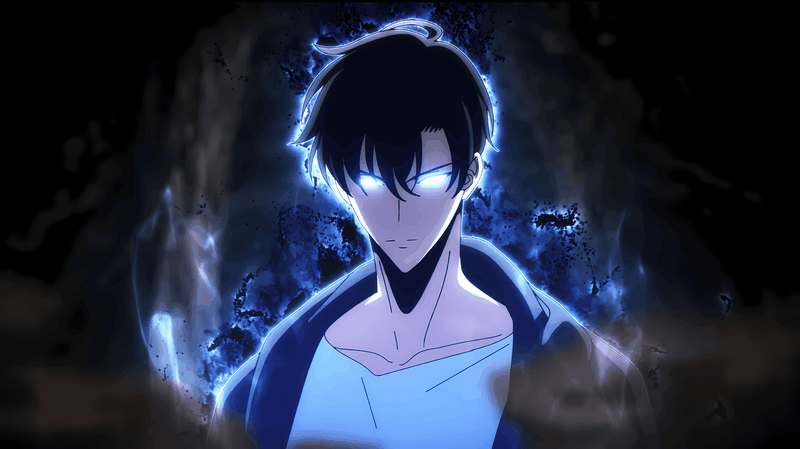 Sung Jin Woo with glowing blue eyes