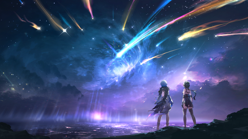 Wuthering Waves characters watch a meteor shower over the ocean