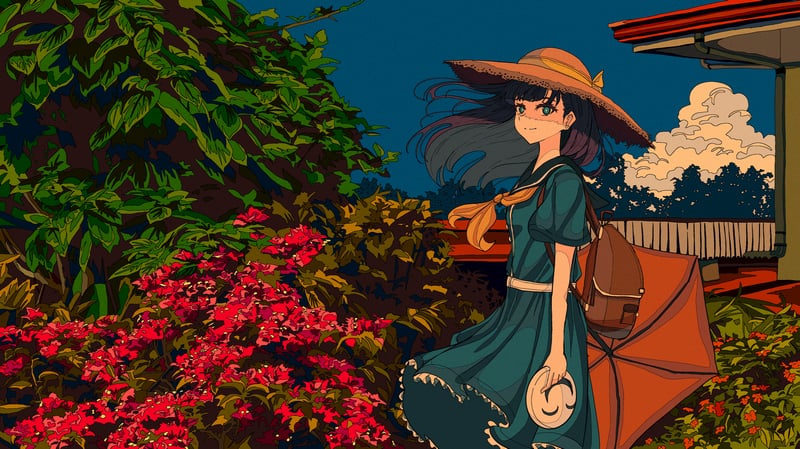 Anime girl with straw hat and pink flowers