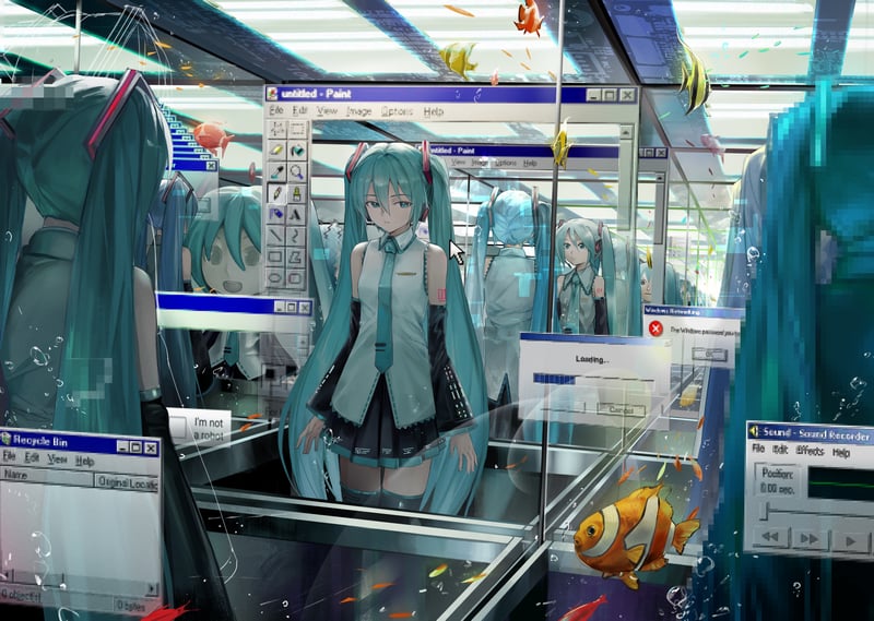 Hatsune Miku in a digital aquarium with Windows errors