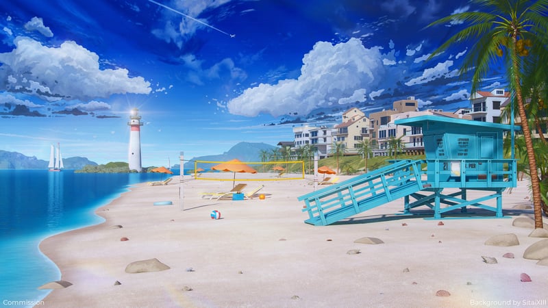 Boats near a beach with a lighthouse and lifeguard tower