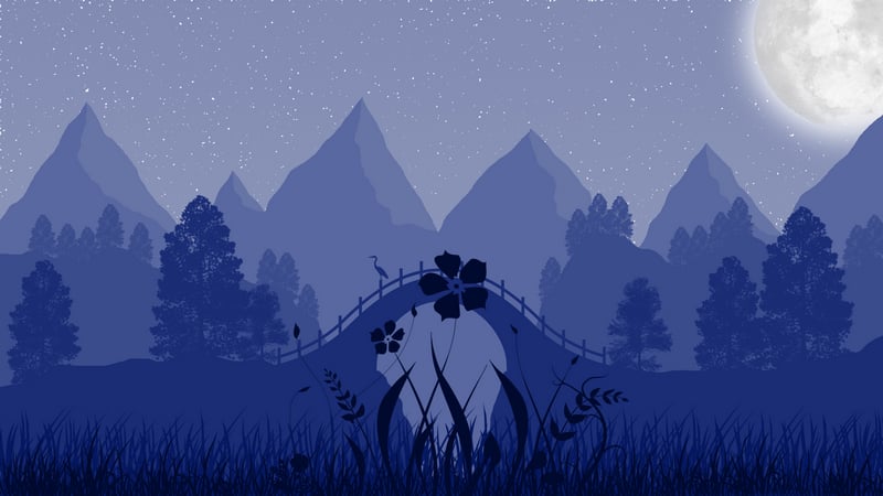 Scenery: A moonlit night with mountains and a bridge