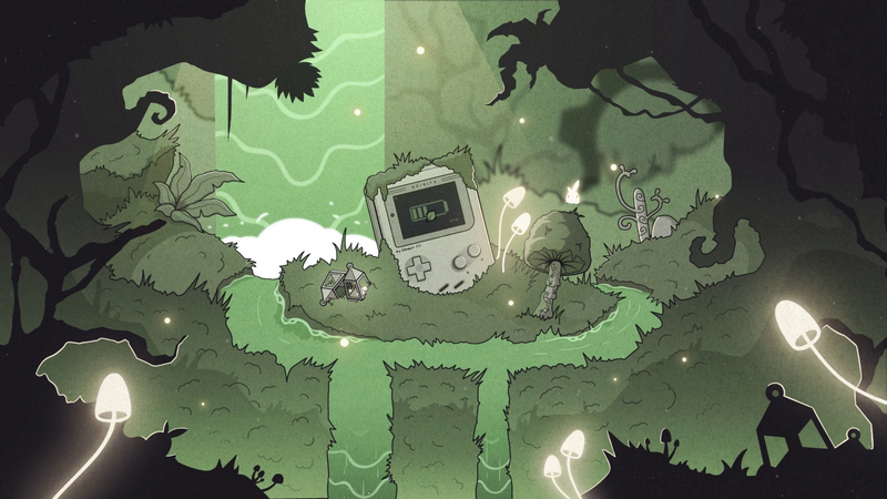 Nintendo Game Boy in a glowing forest with mushrooms