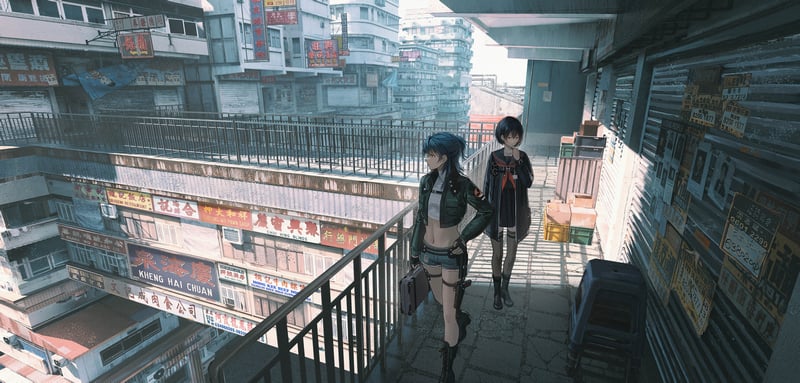 Anime girls in a dense urban environment