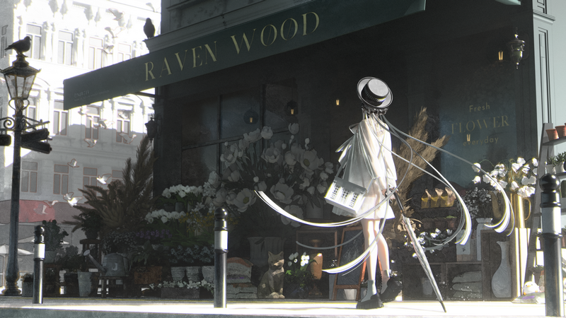 Anime girl with hat and umbrella outside Raven Wood