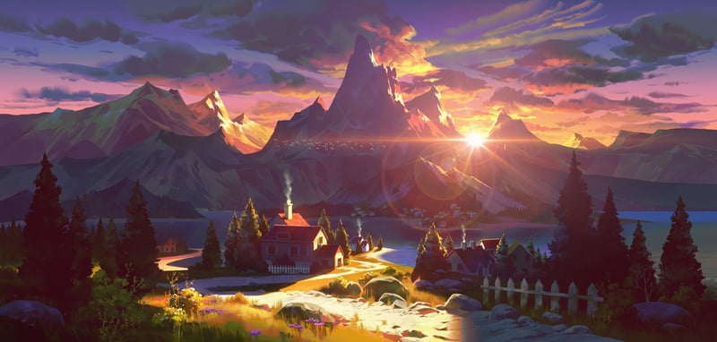 Digital painting of a mountain village at sunset