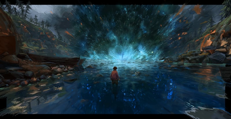 Man stands in glowing blue water with cosmic phenomenon