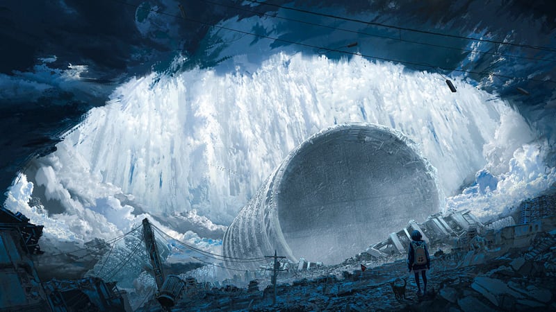 Post-apocalyptic cityscape with a giant cylindrical structure and a waterfall