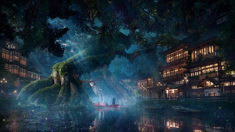 Fantasy river village with a boat under a large tree at night