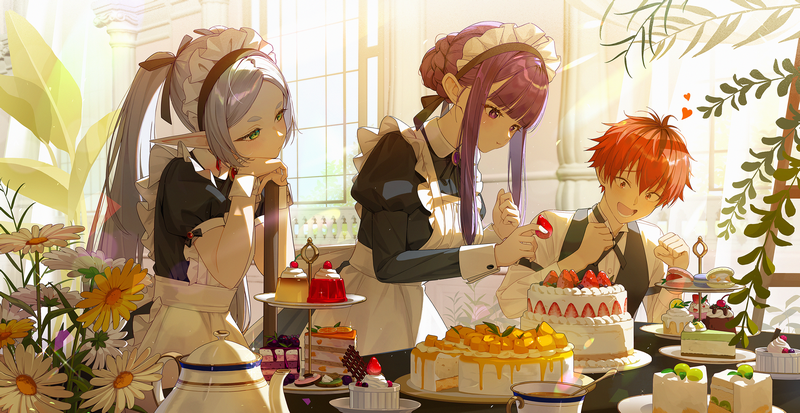 Stark, Fern, and Frieren in Maid Outfits with Cakes