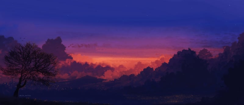 Scenery of clouds at sunset with digital art style
