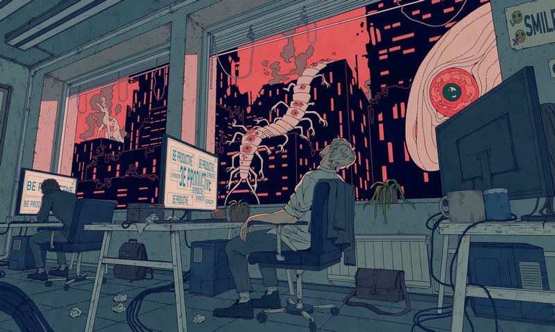 Creature and men in a dystopian office