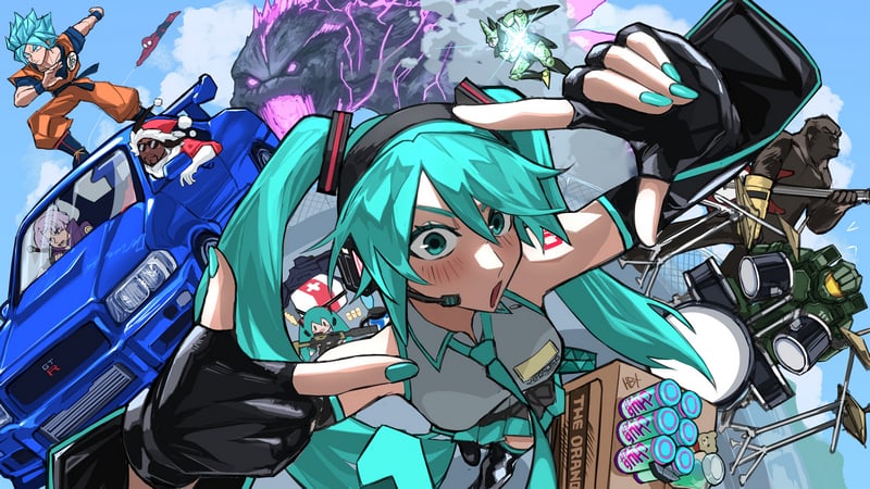 Hatsune Miku and diverse characters in a chaotic collage