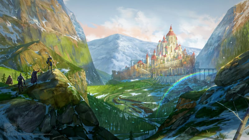 Scenery: Majestic castle in a mountain valley with a rainbow