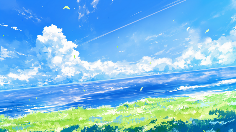 Anime Landscape of a Windy Coastline with Clouds and Sea