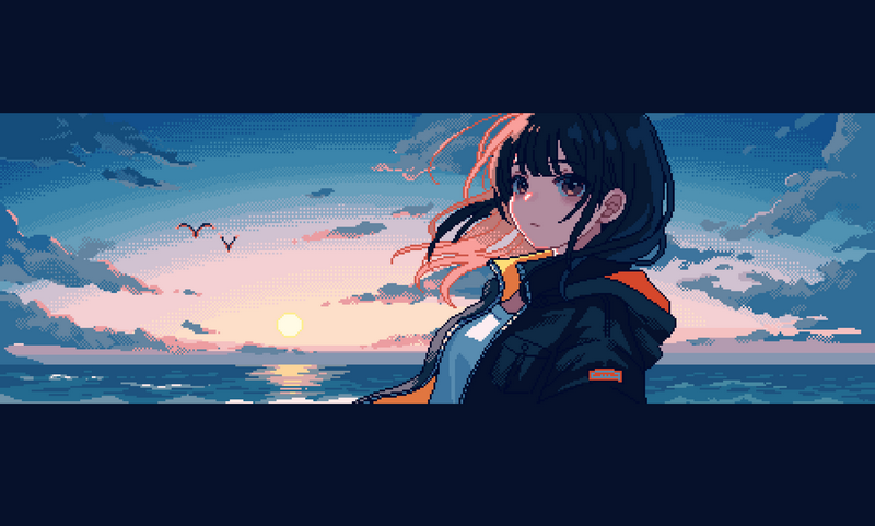 Anime girl at sunset by the sea