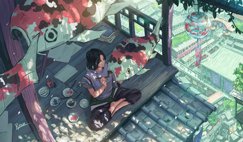 Original Characters painting koi fish on a balcony