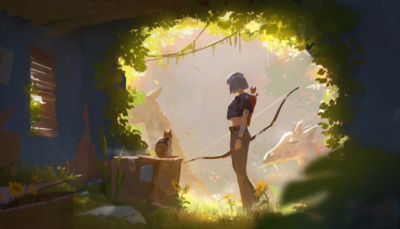 Woman with bow and cat in overgrown ruins with giraffes