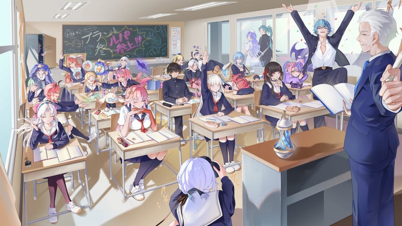 Wuthering Waves characters in a classroom setting