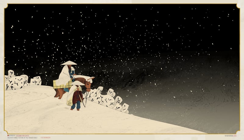 Two men on horseback in a snowy landscape under a starry night