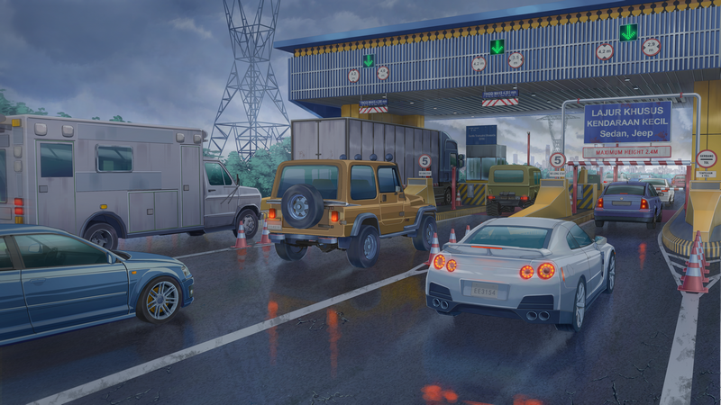 Nissan GT-R and Jeep at a Toll Booth