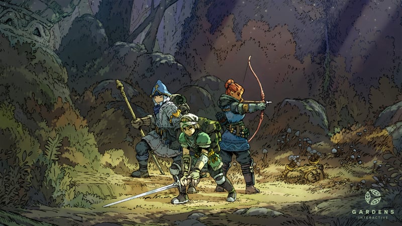 Fantasy men and girl adventurers in a forest