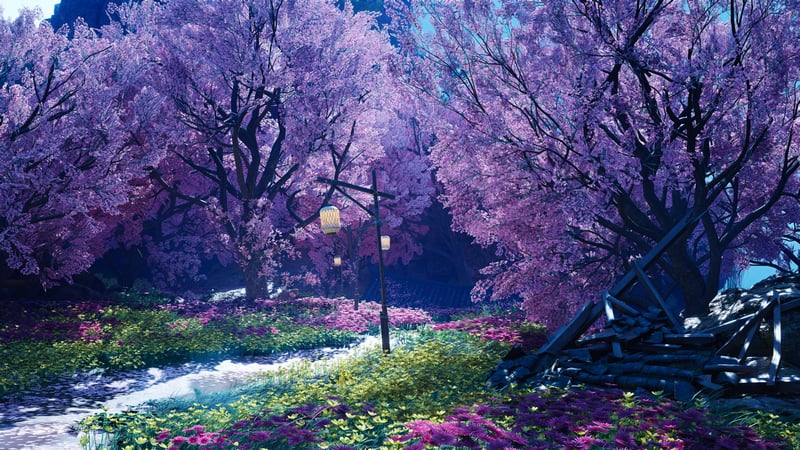 Where Winds Meet CGI screenshot with purple trees and flowers