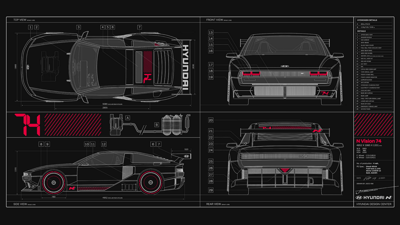 Hyundai N Vision 74 car blueprints, multiple views