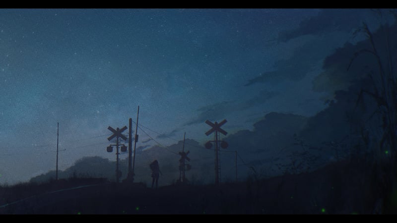 Scenery of a railroad crossing at dusk with figures