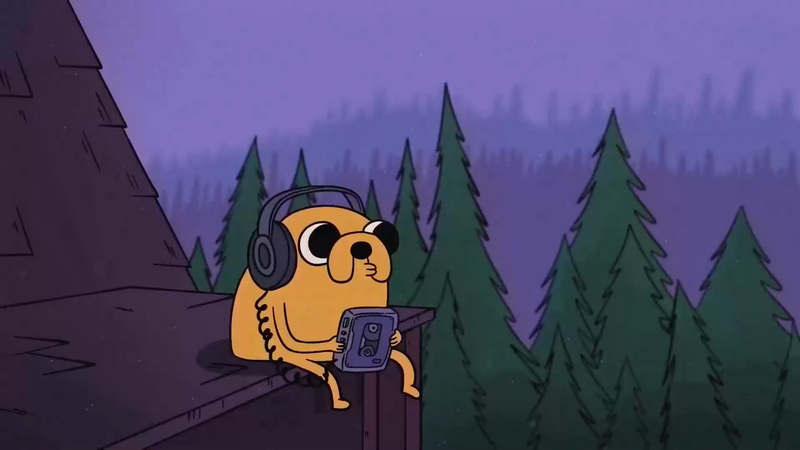 Jake the Dog from Adventure Time listens to music