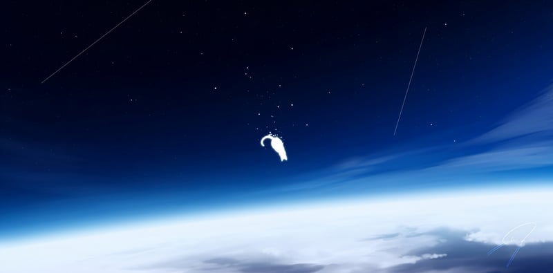 White cat falling through starry night sky