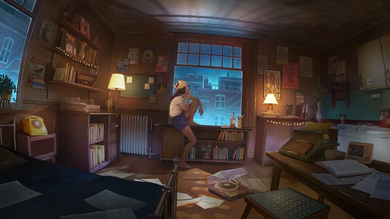 Woman sitting by the window with vinyl in a room