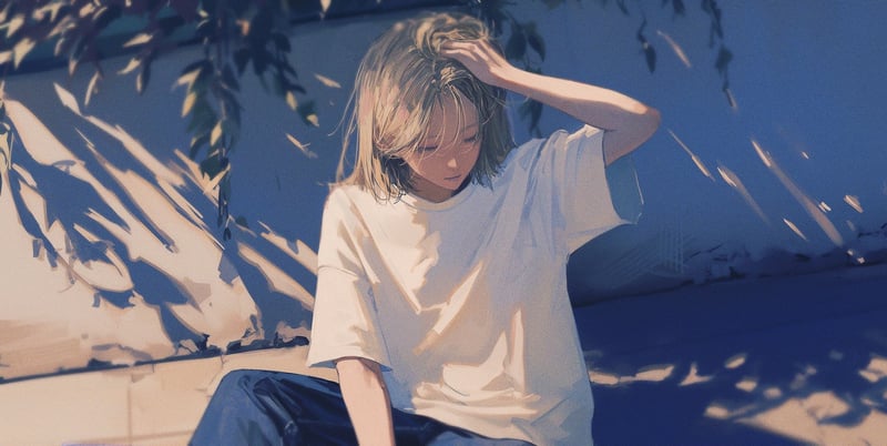 Girl in white shirt sitting in dappled sunlight